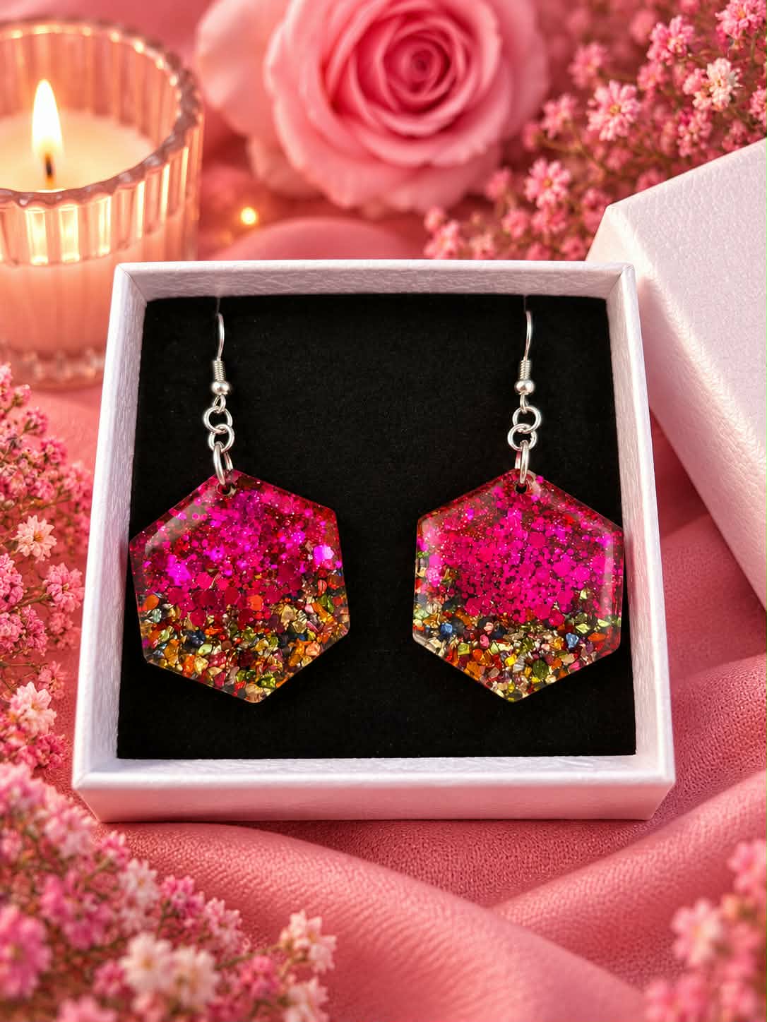 Pink Blossom Sparkle Hexagon Earrings