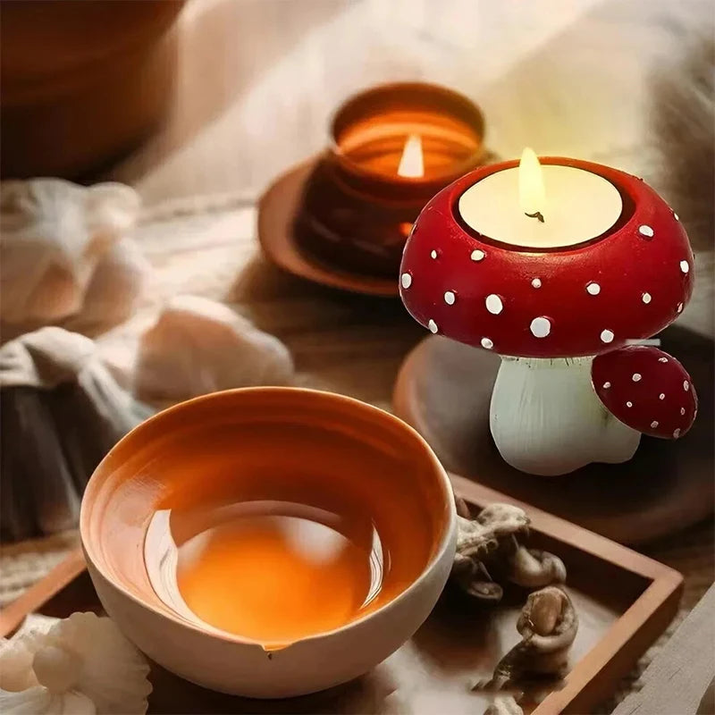 Enchanted Mushroom Candle Holder Hand-Painted Resin Decor