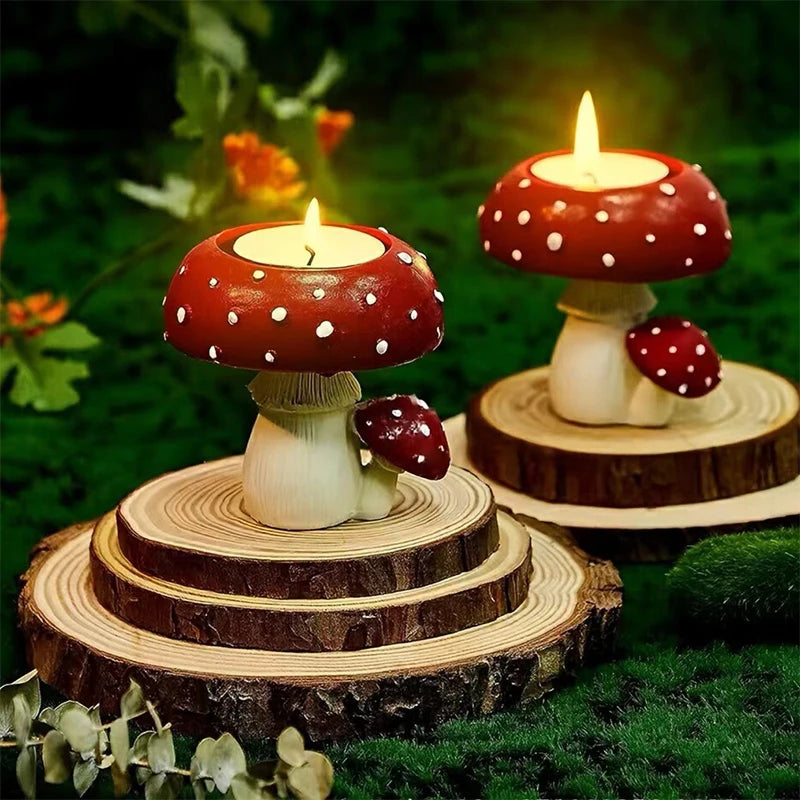Enchanted Mushroom Candle Holder Hand-Painted Resin Decor