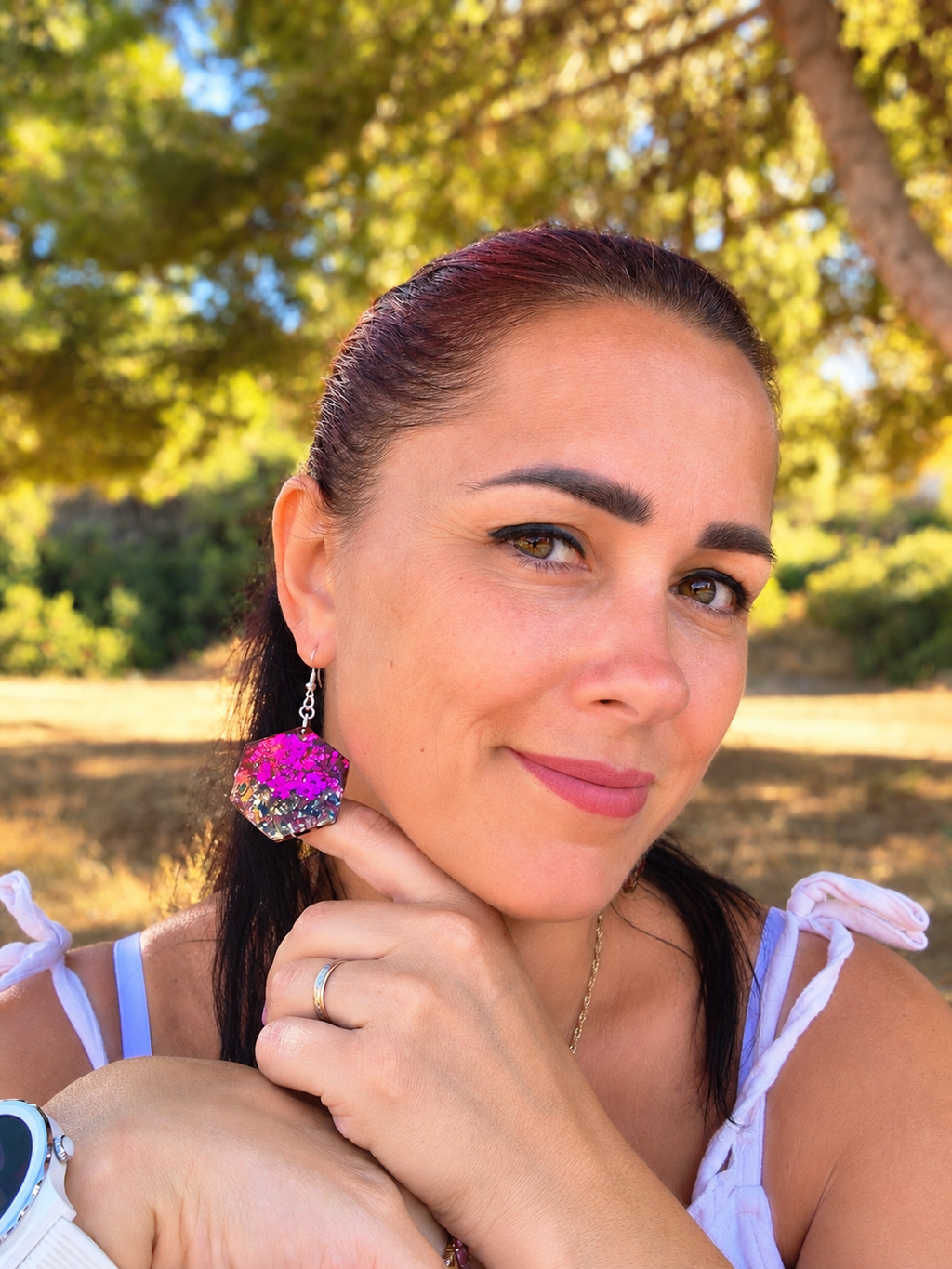 Pink Blossom Sparkle Hexagon Earrings